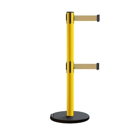 Retractable Belt Dbl Rolling Stanchion 2.5ft Yellow Post 11ft. Lt Brwn